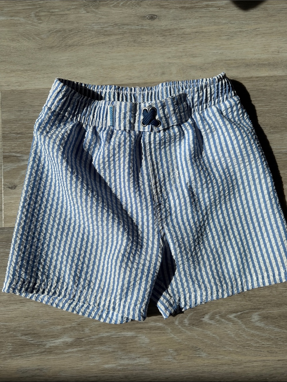 Kids Blue & White Striped Swim Trunks